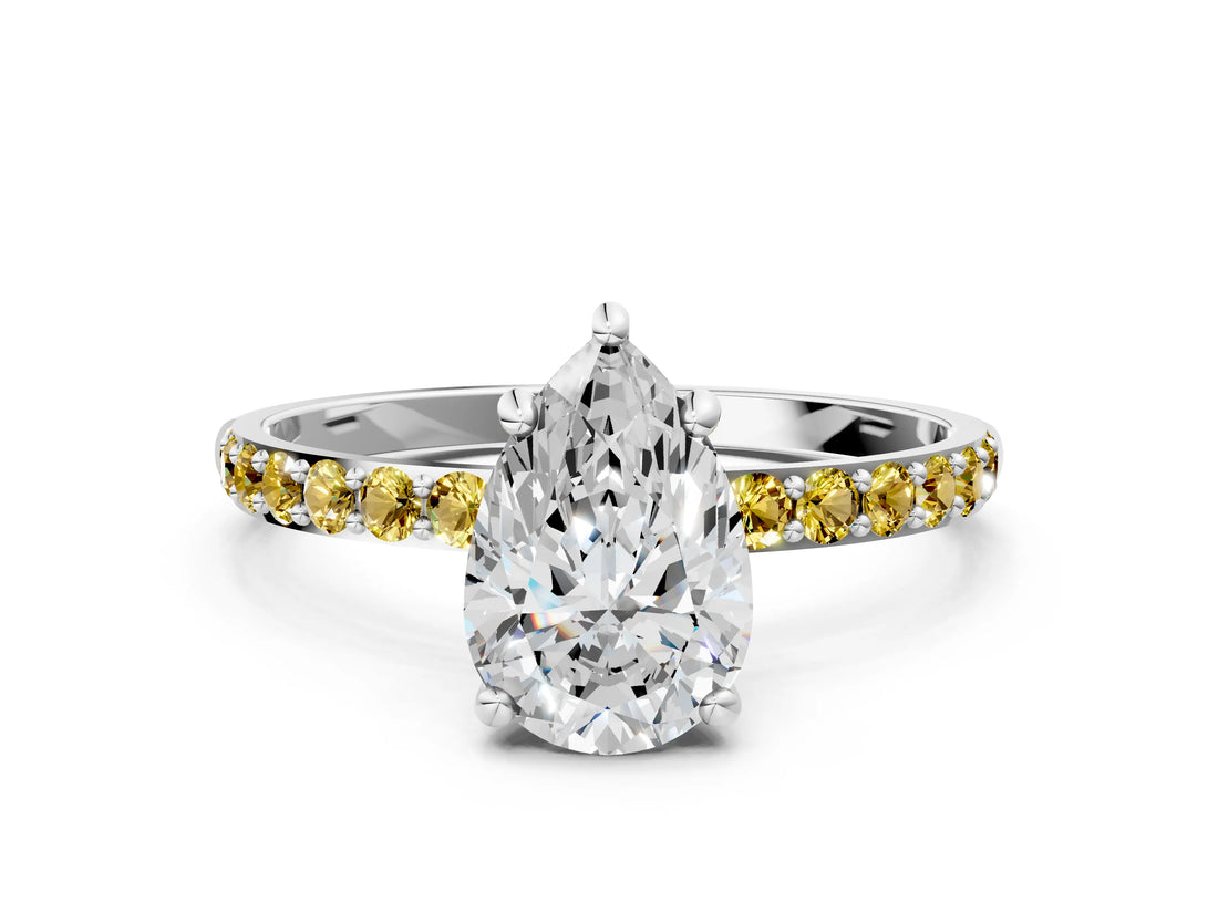 White gold Pear Cut Diamond Solitaire Ring with Round with Yellow Sapphire side stone Pavé Band and Prong Setting_36