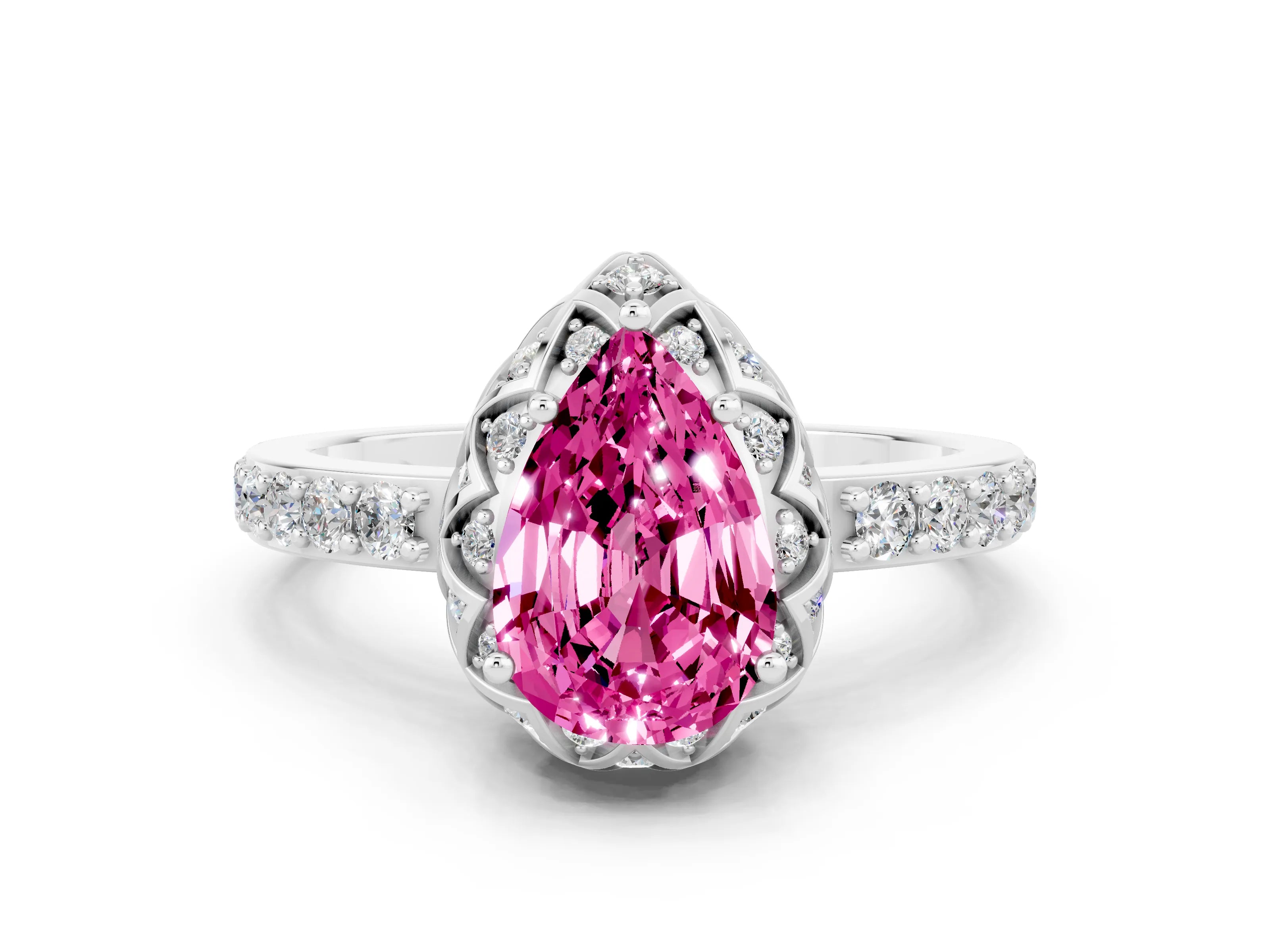 White gold Pear Cut Diamond Solitaire Ring with Shared Prong Pavé Band