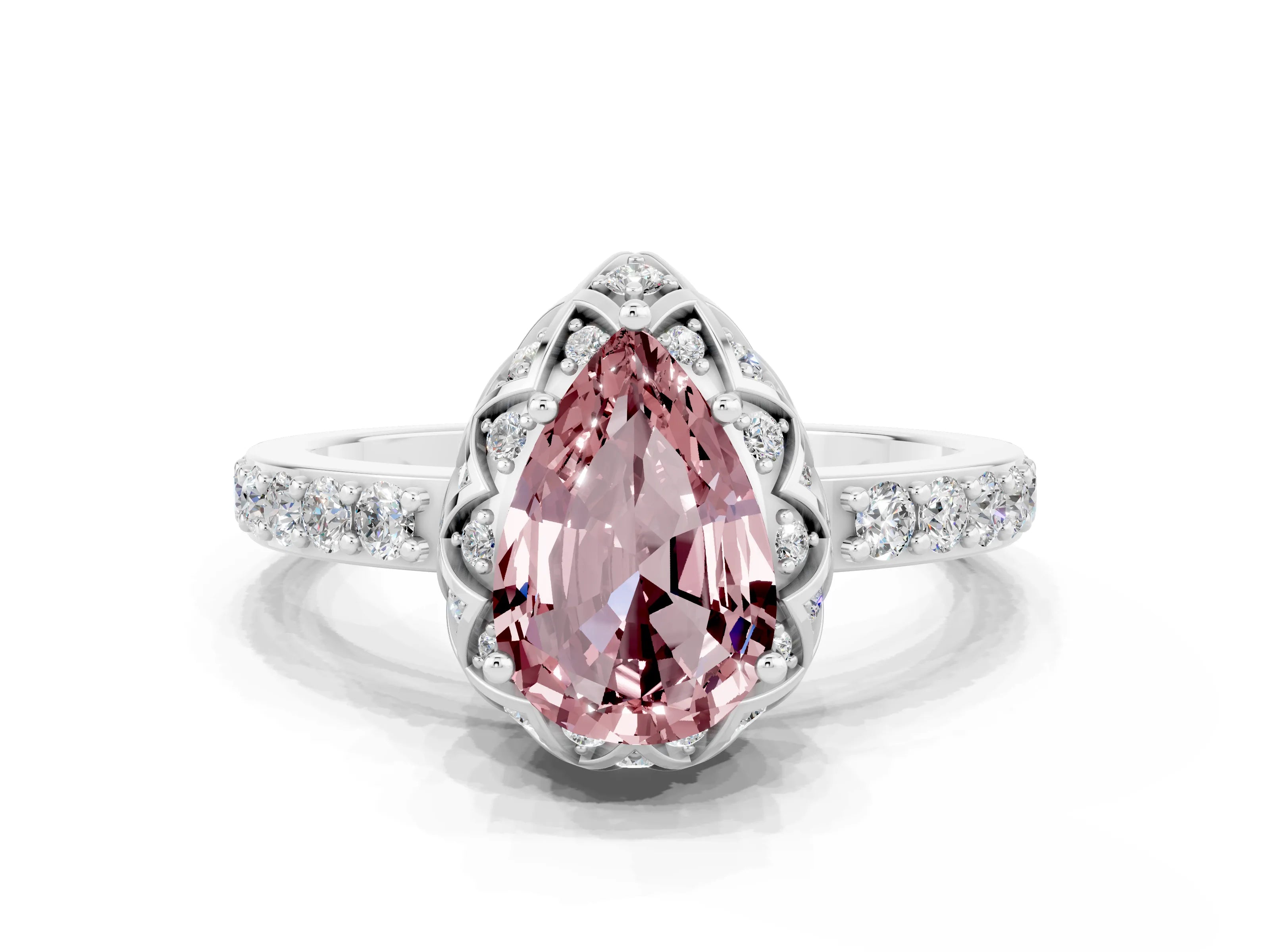 White gold Pear Cut Diamond Solitaire Ring with Shared Prong Pavé Band