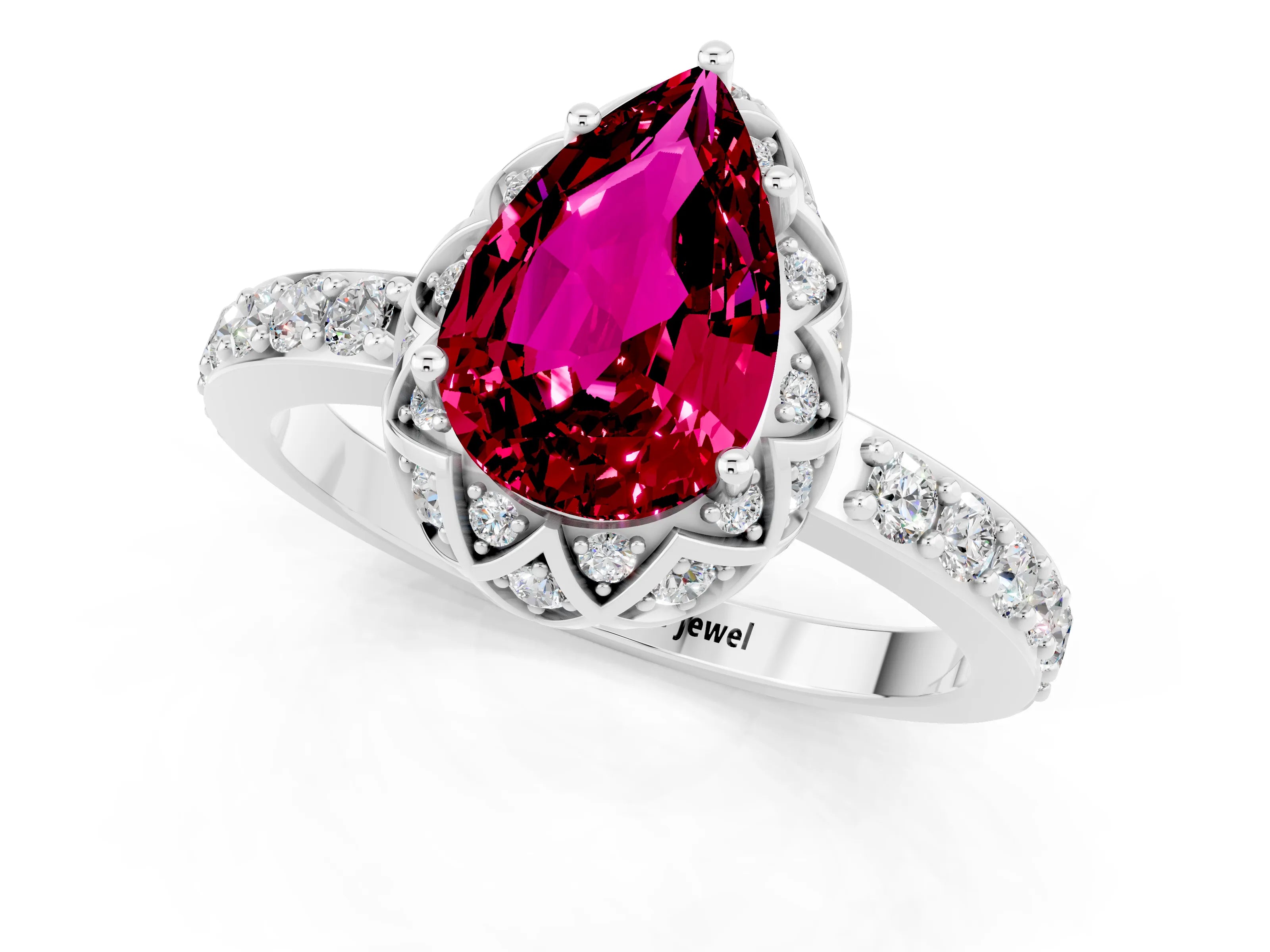 White gold Pear Cut Diamond Solitaire Ring with Shared Prong Pavé Band_1