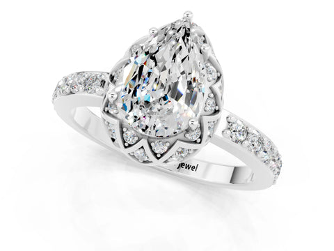 White gold Pear Cut Diamond Solitaire Ring with Shared Prong Pavé Band_1