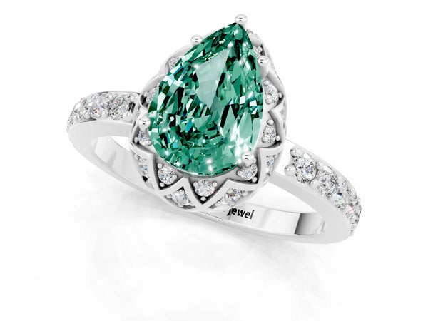 Platinum Pear Cut Green Sapphire Scalloped Halo Engagement Ring with Round Shared Prong Band