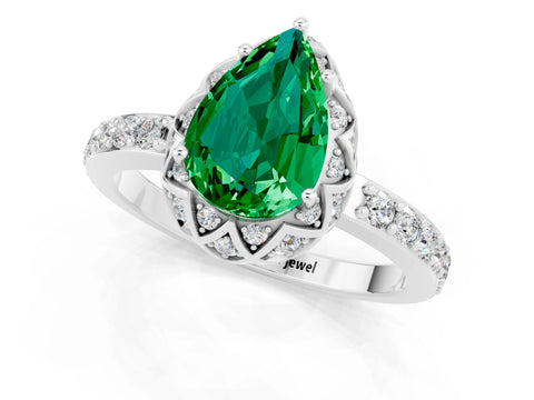 White gold Pear Cut Diamond Solitaire Ring with Shared Prong Pavé Band_1