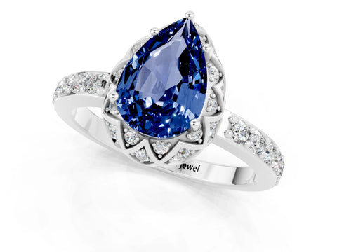 White gold Pear Cut Diamond Solitaire Ring with Shared Prong Pavé Band_1