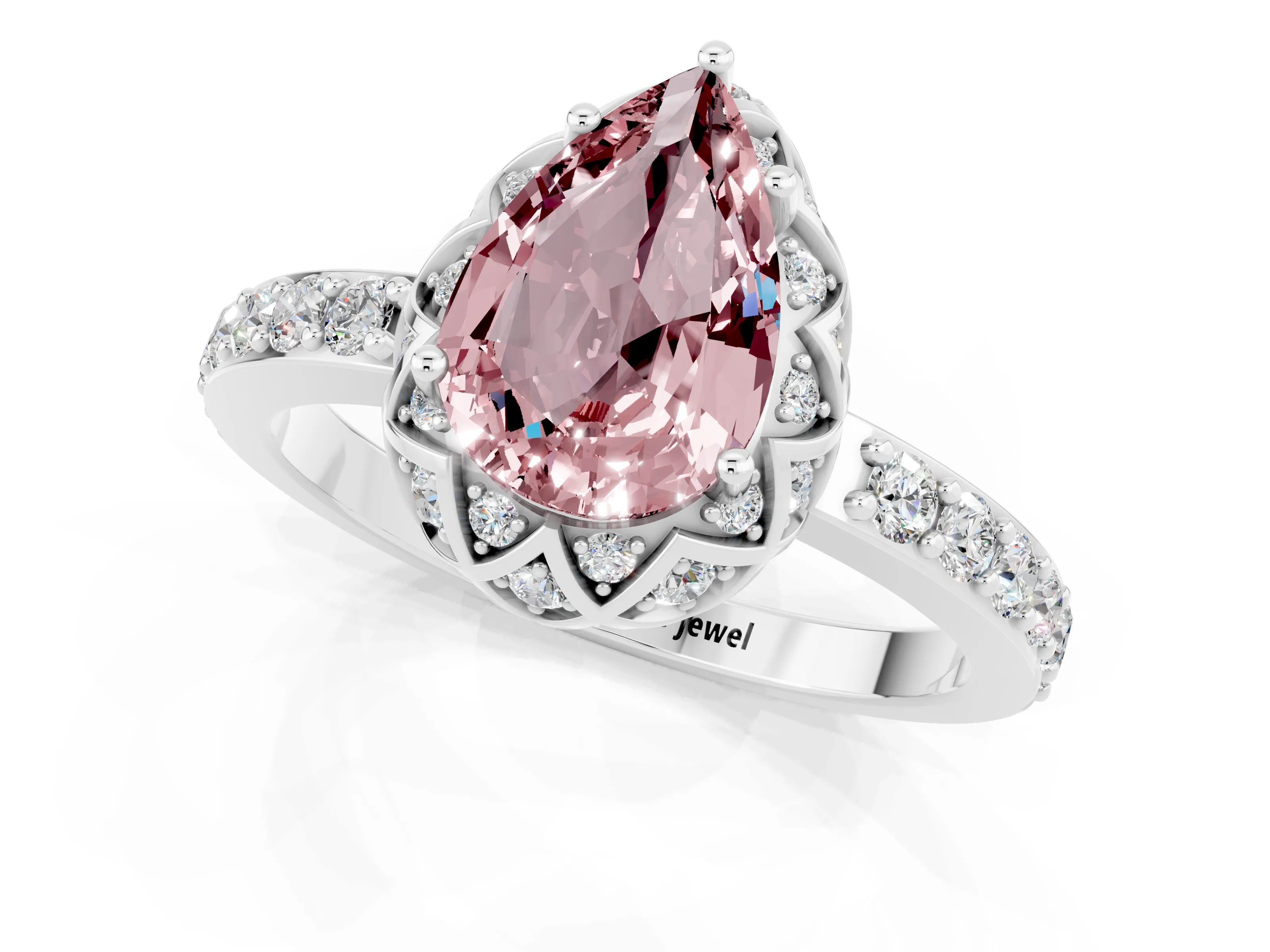 White gold Pear Cut Diamond Solitaire Ring with Shared Prong Pavé Band_1