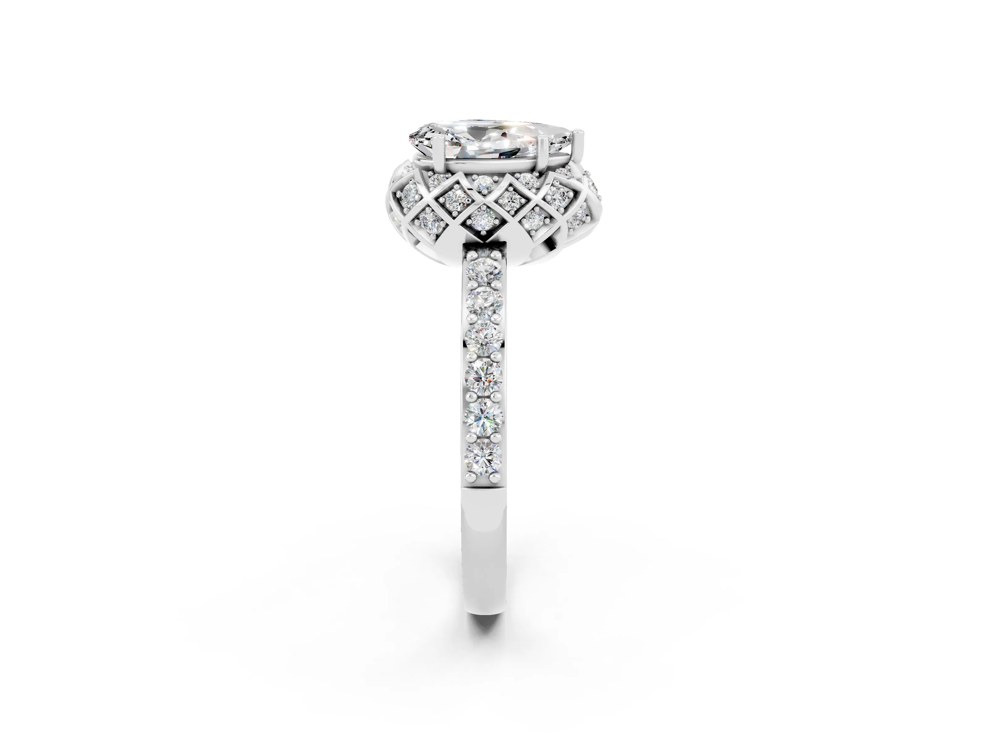 White gold Pear Cut Diamond Solitaire Ring with Shared Prong Pavé Band_2
