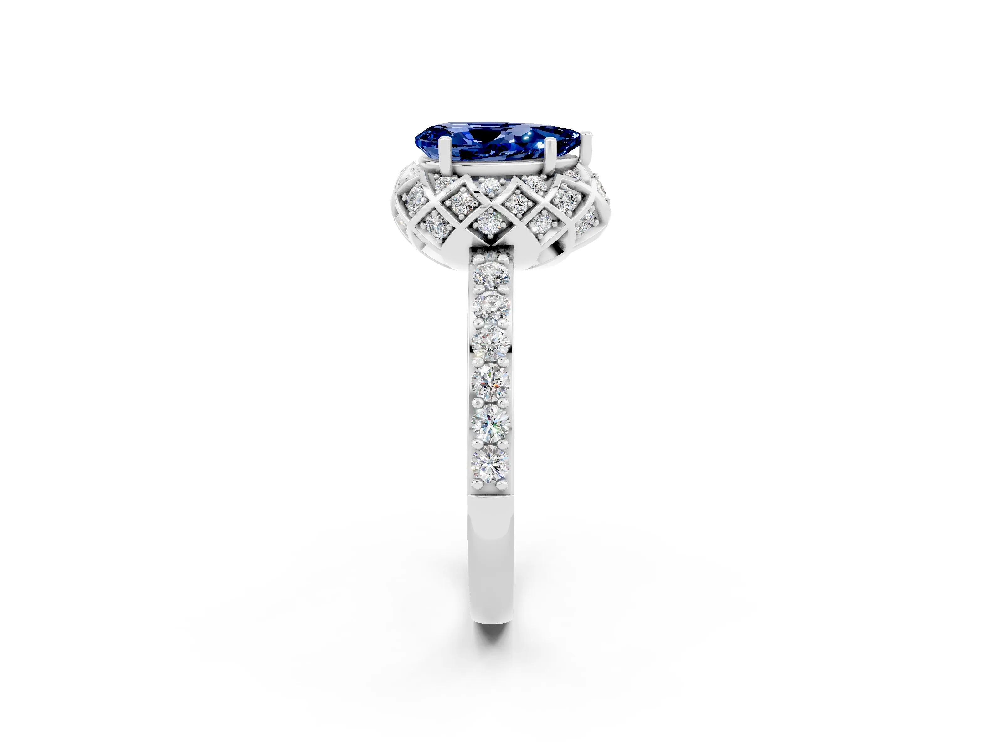 White gold Pear Cut Diamond Solitaire Ring with Shared Prong Pavé Band_2