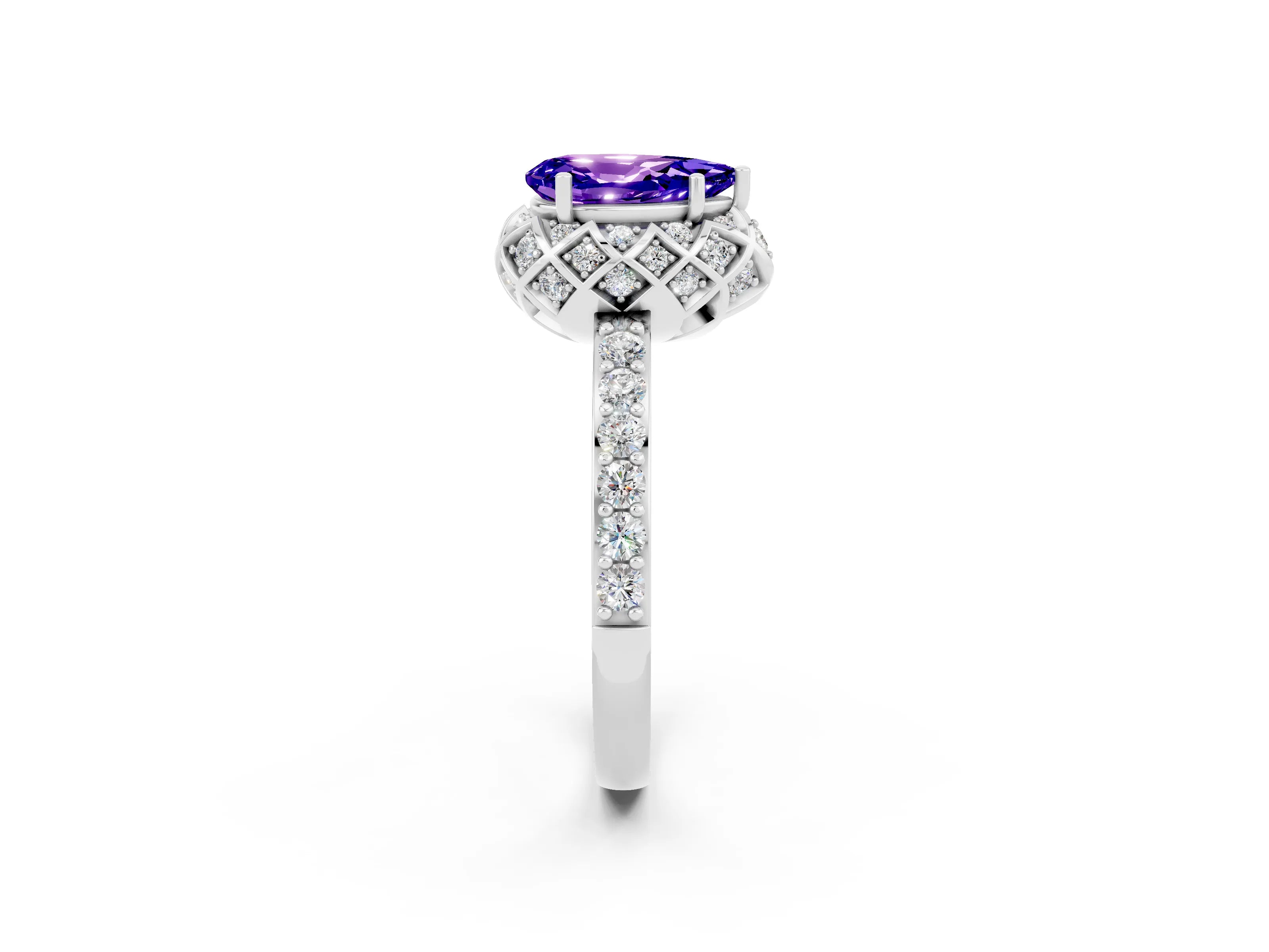 White gold Pear Cut Diamond Solitaire Ring with Shared Prong Pavé Band_2
