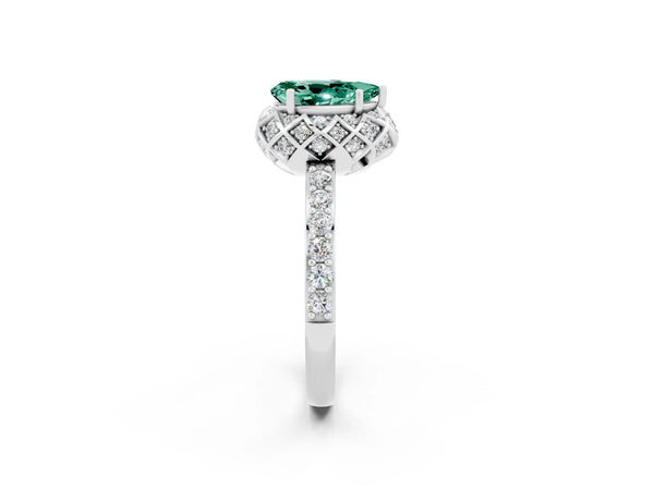 Platinum Pear Cut Green Sapphire Scalloped Halo Engagement Ring with Round Shared Prong Band