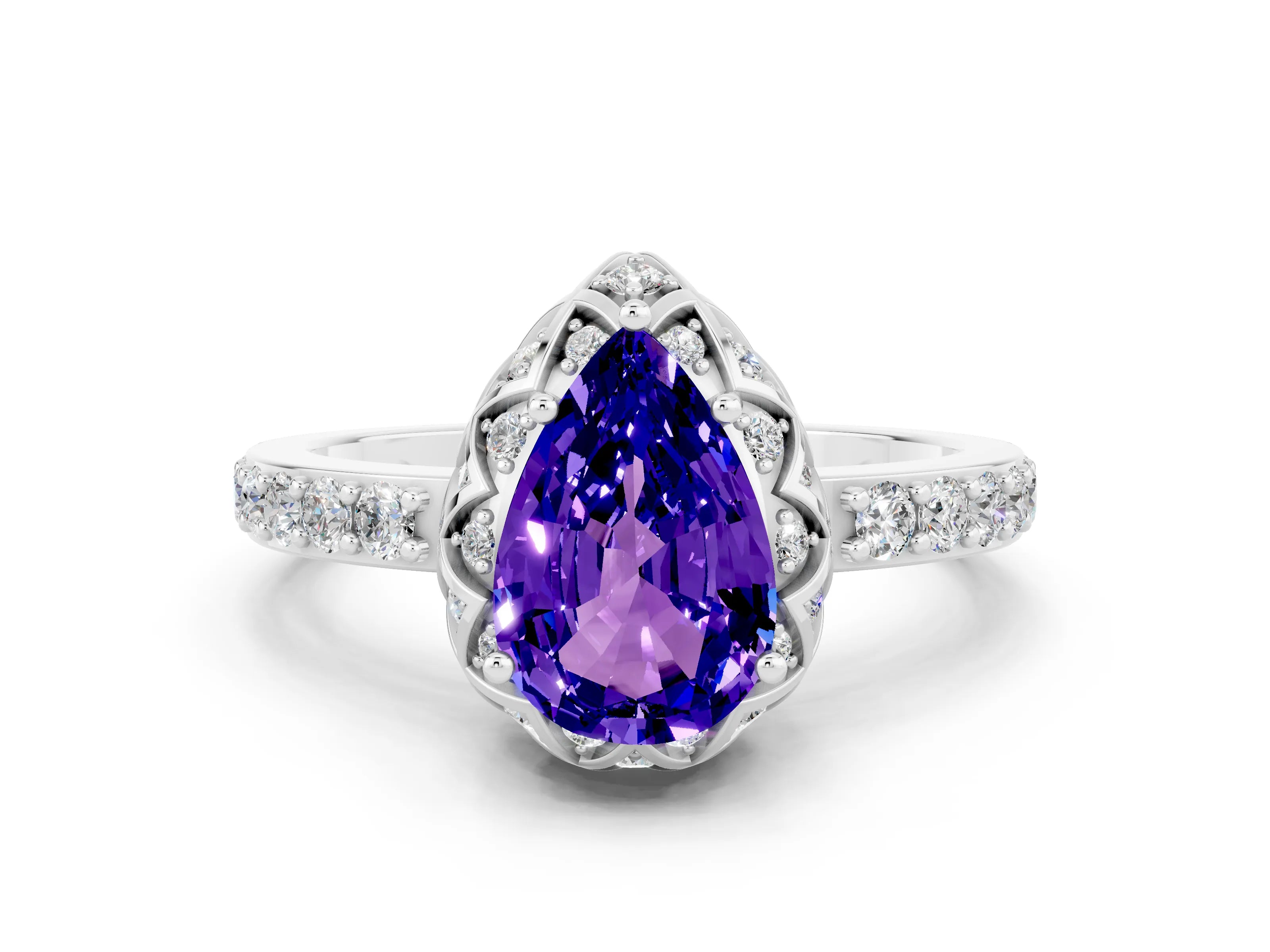 White gold Pear Cut Diamond Solitaire Ring with Shared Prong Pavé Band