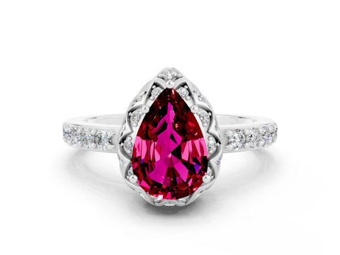White gold Pear Cut Diamond Solitaire Ring with Shared Prong Pavé Band