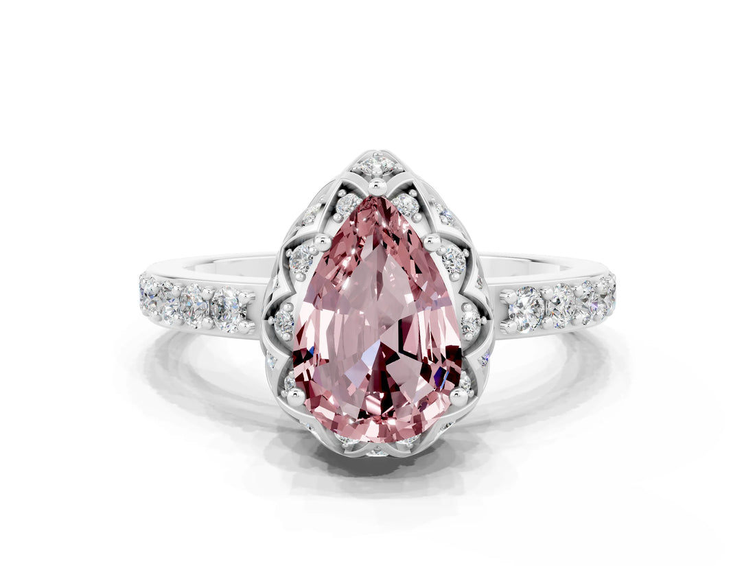 White gold Pear Cut Diamond Solitaire Ring with Shared Prong Pavé Band