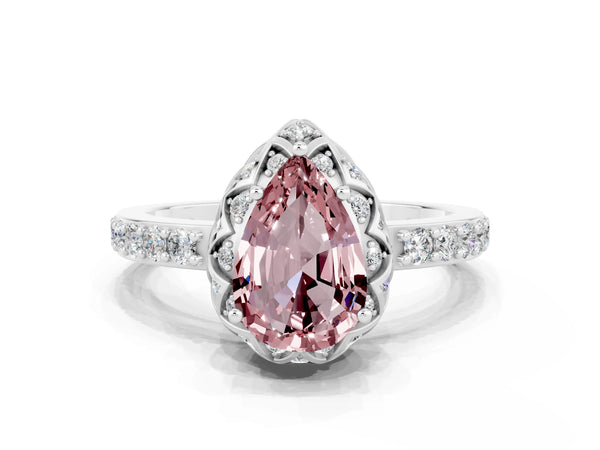 Silver Pear Cut Diamond Solitaire Ring with Shared Prong Pavé Band