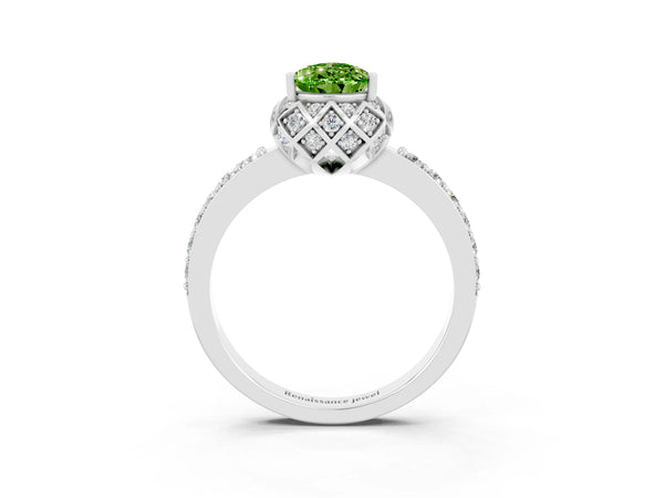 Silver Pear Cut Diamond Solitaire Ring with Shared Prong Pavé Band