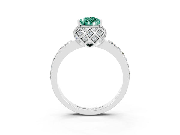 Platinum Pear Cut Green Sapphire Scalloped Halo Engagement Ring with Round Shared Prong Band
