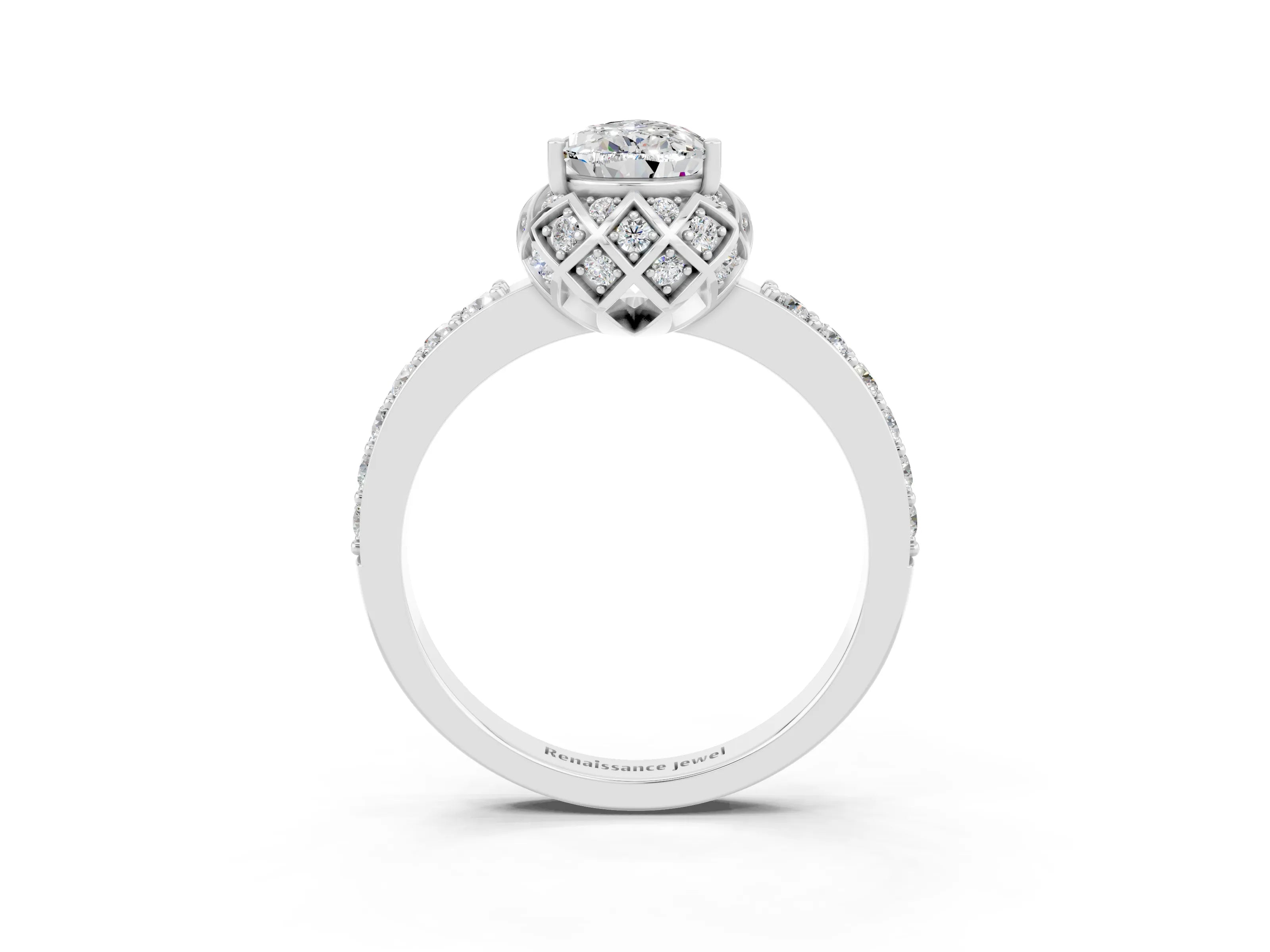 White gold Pear Cut Diamond Solitaire Ring with Shared Prong Pavé Band_3