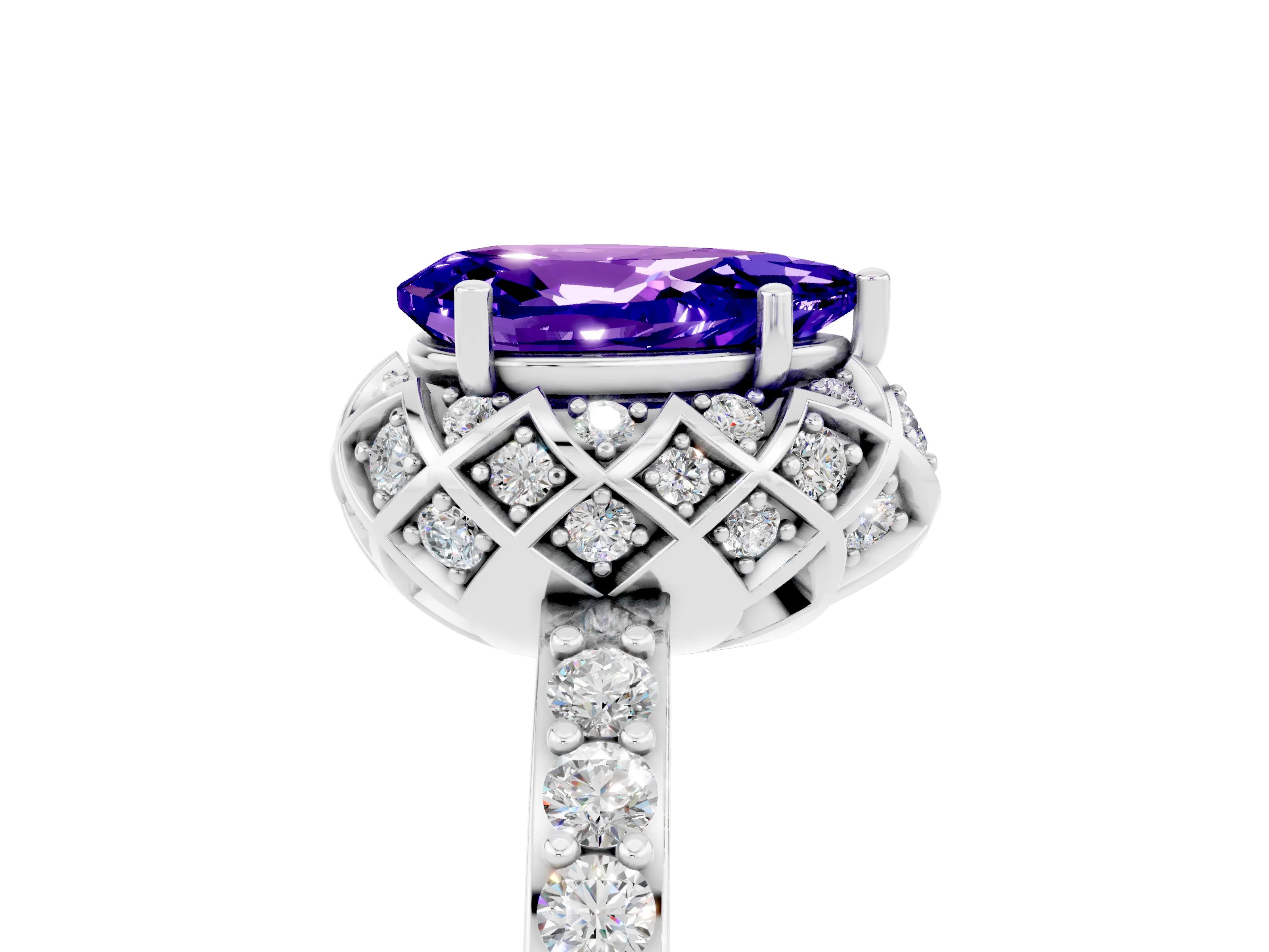 White gold Pear Cut Diamond Solitaire Ring with Shared Prong Pavé Band_5