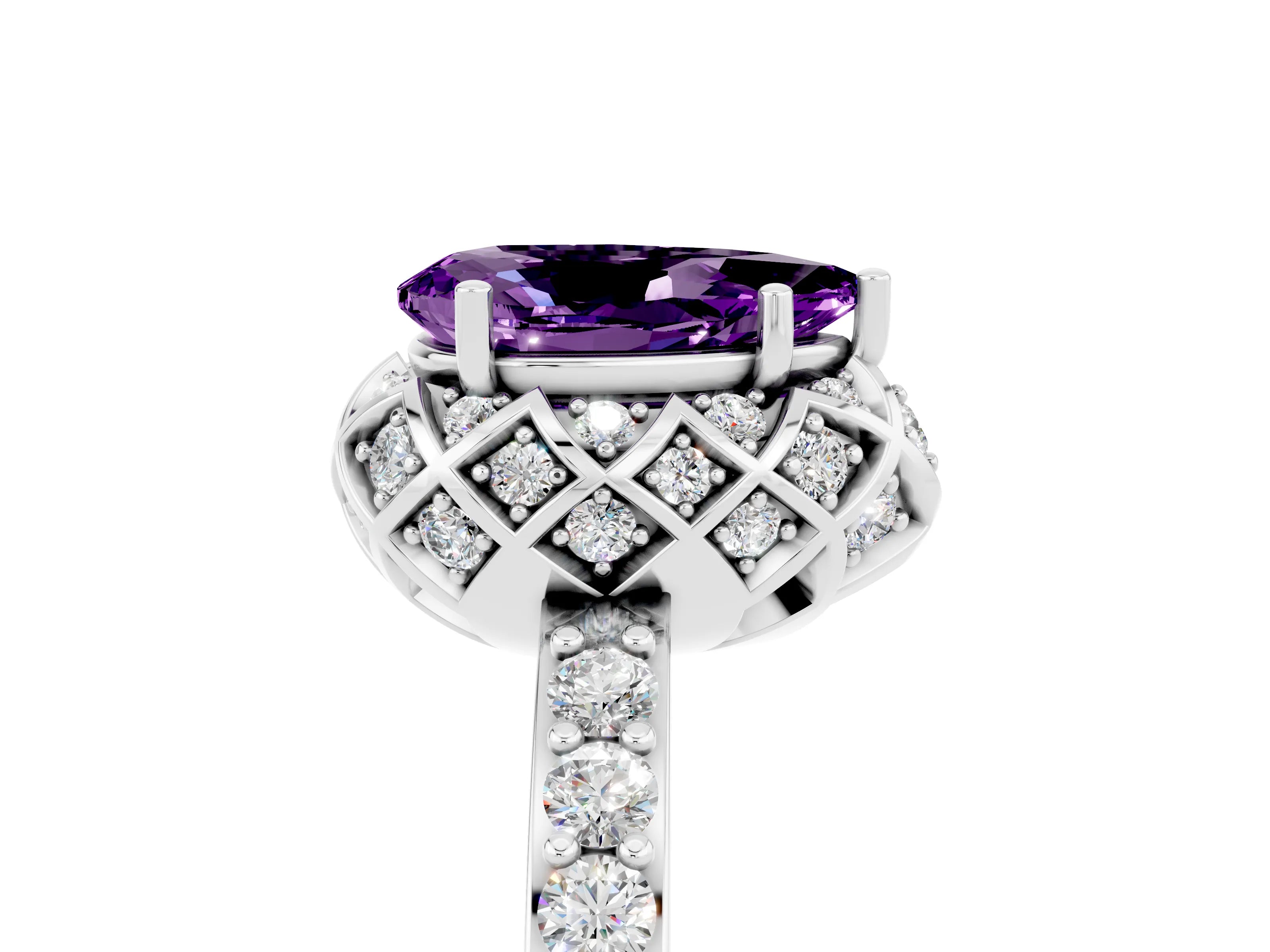 White gold Pear Cut Diamond Solitaire Ring with Shared Prong Pavé Band_5