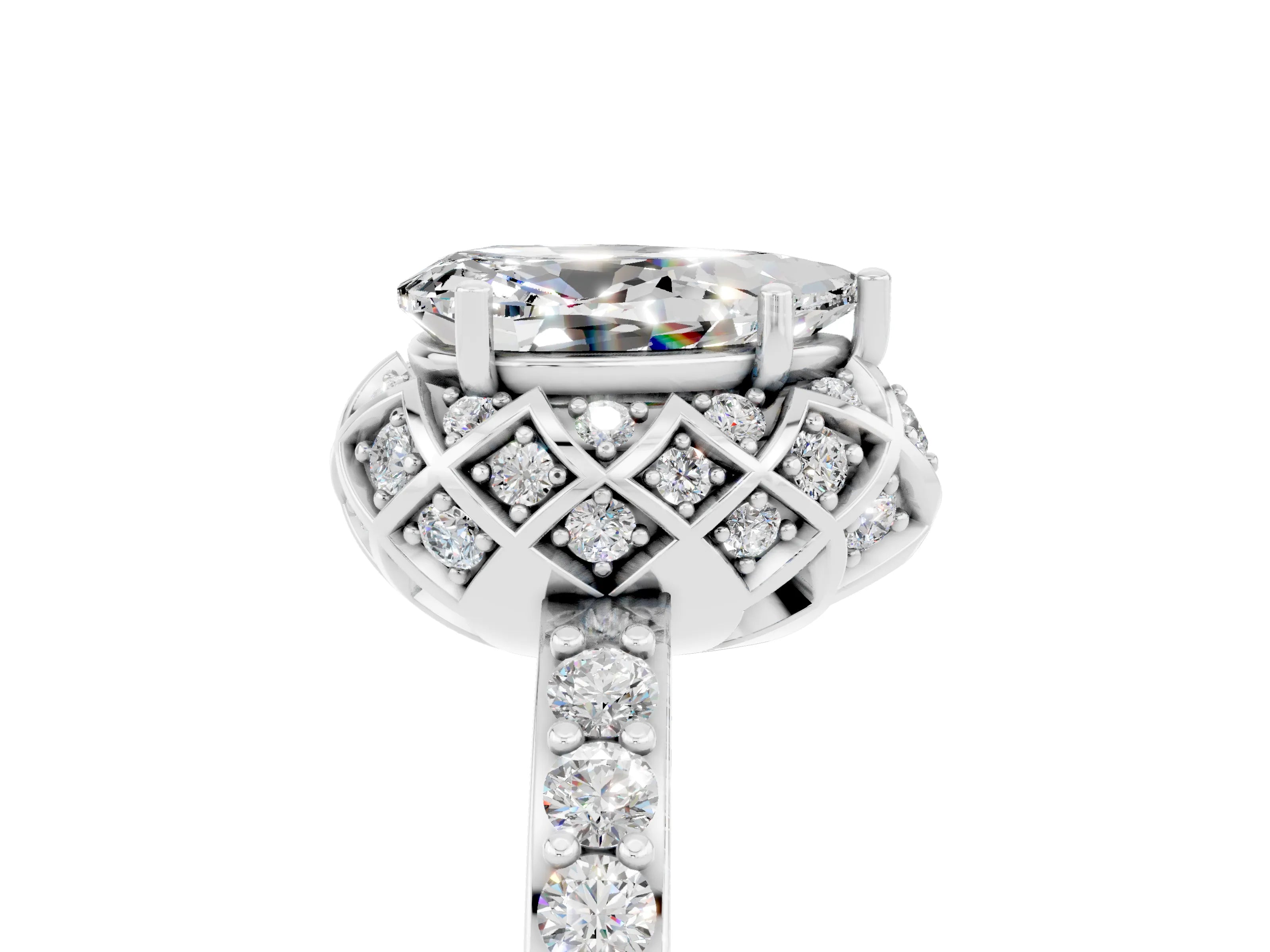 White gold Pear Cut Diamond Solitaire Ring with Shared Prong Pavé Band_5