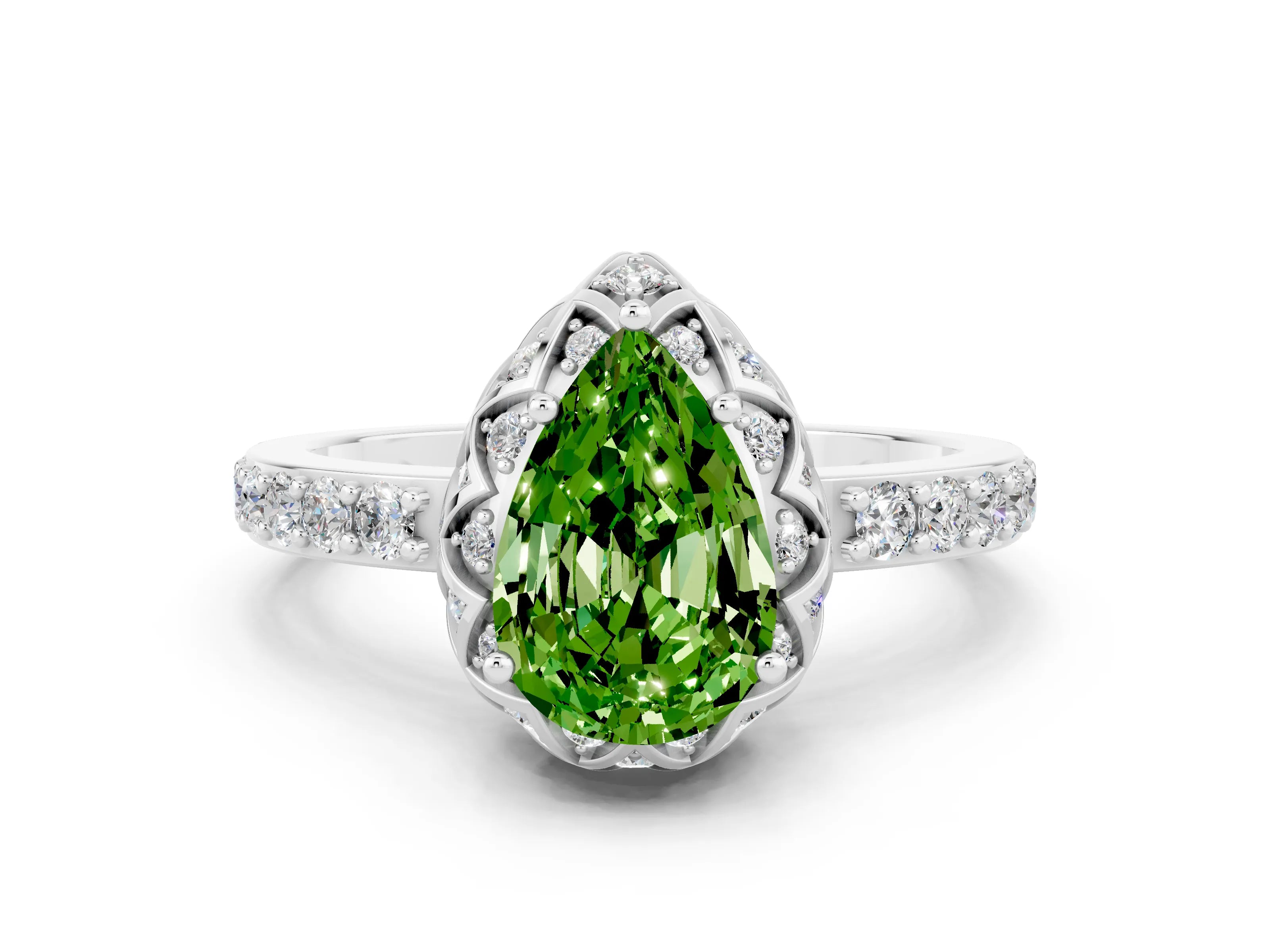 White gold Pear Cut Diamond Solitaire Ring with Shared Prong Pavé Band