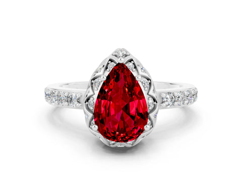 White gold Pear Cut Diamond Solitaire Ring with Shared Prong Pavé Band
