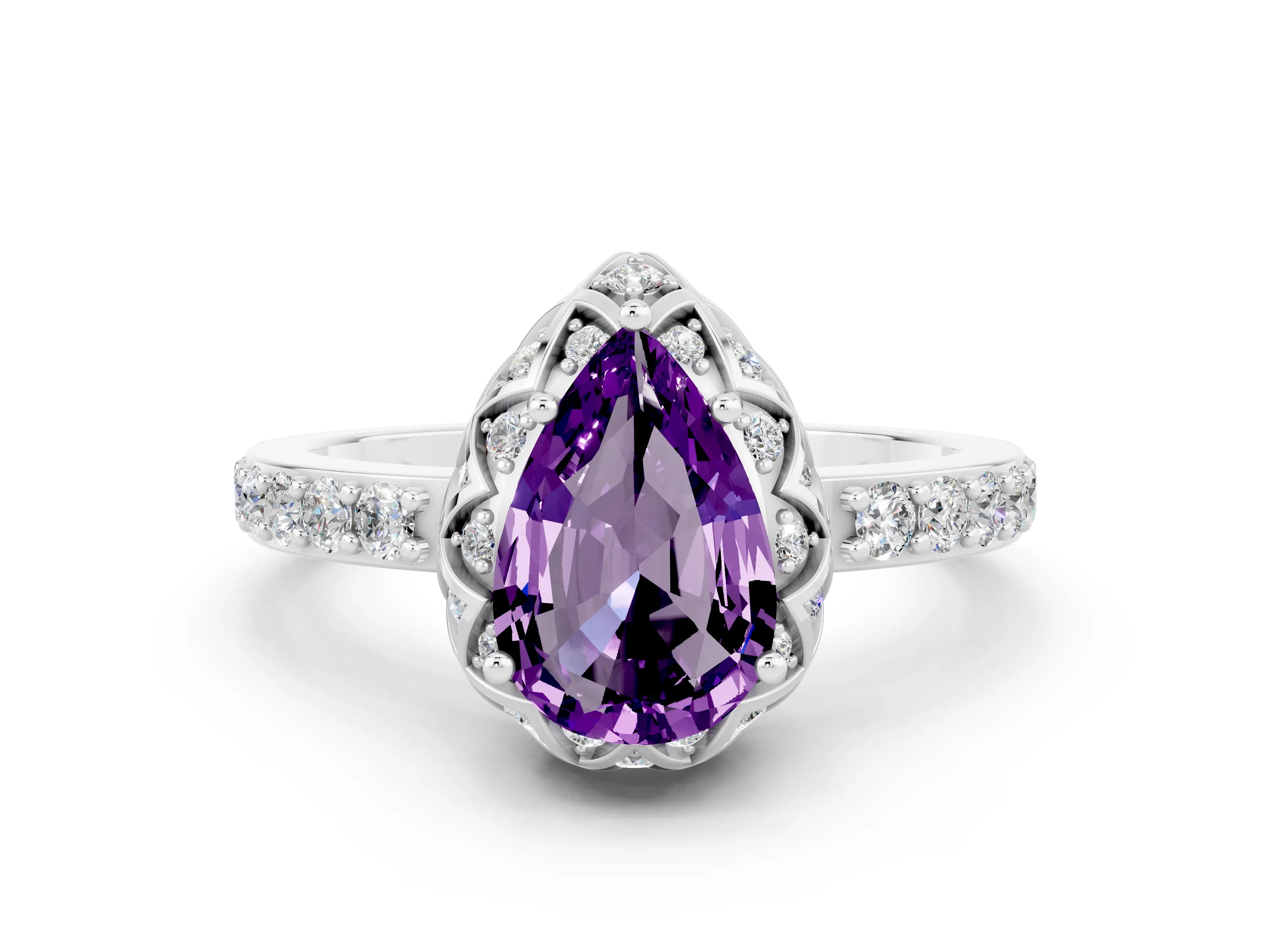 White gold Pear Cut Diamond Solitaire Ring with Shared Prong Pavé Band