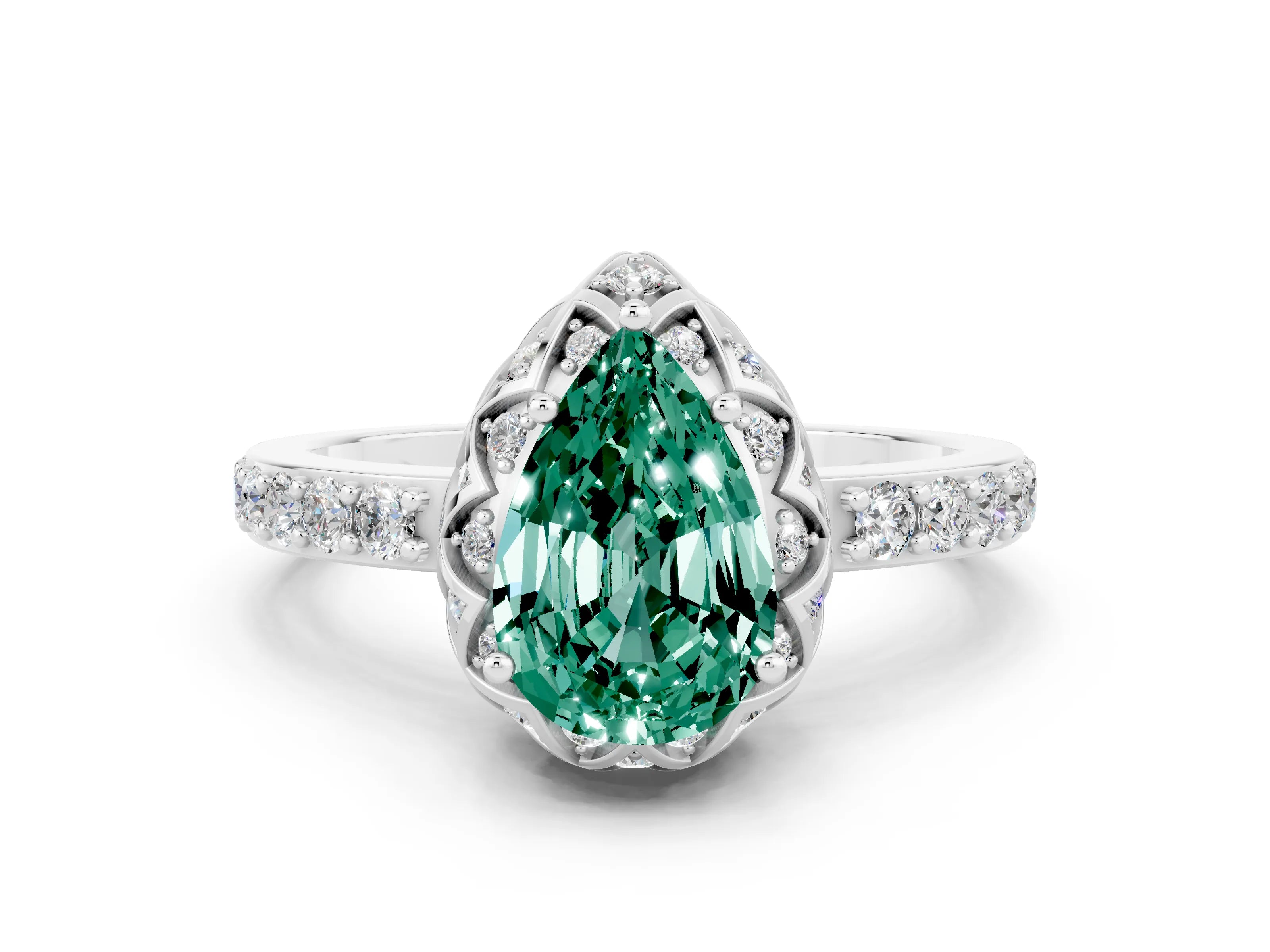 White gold Pear Cut Diamond Solitaire Ring with Shared Prong Pavé Band