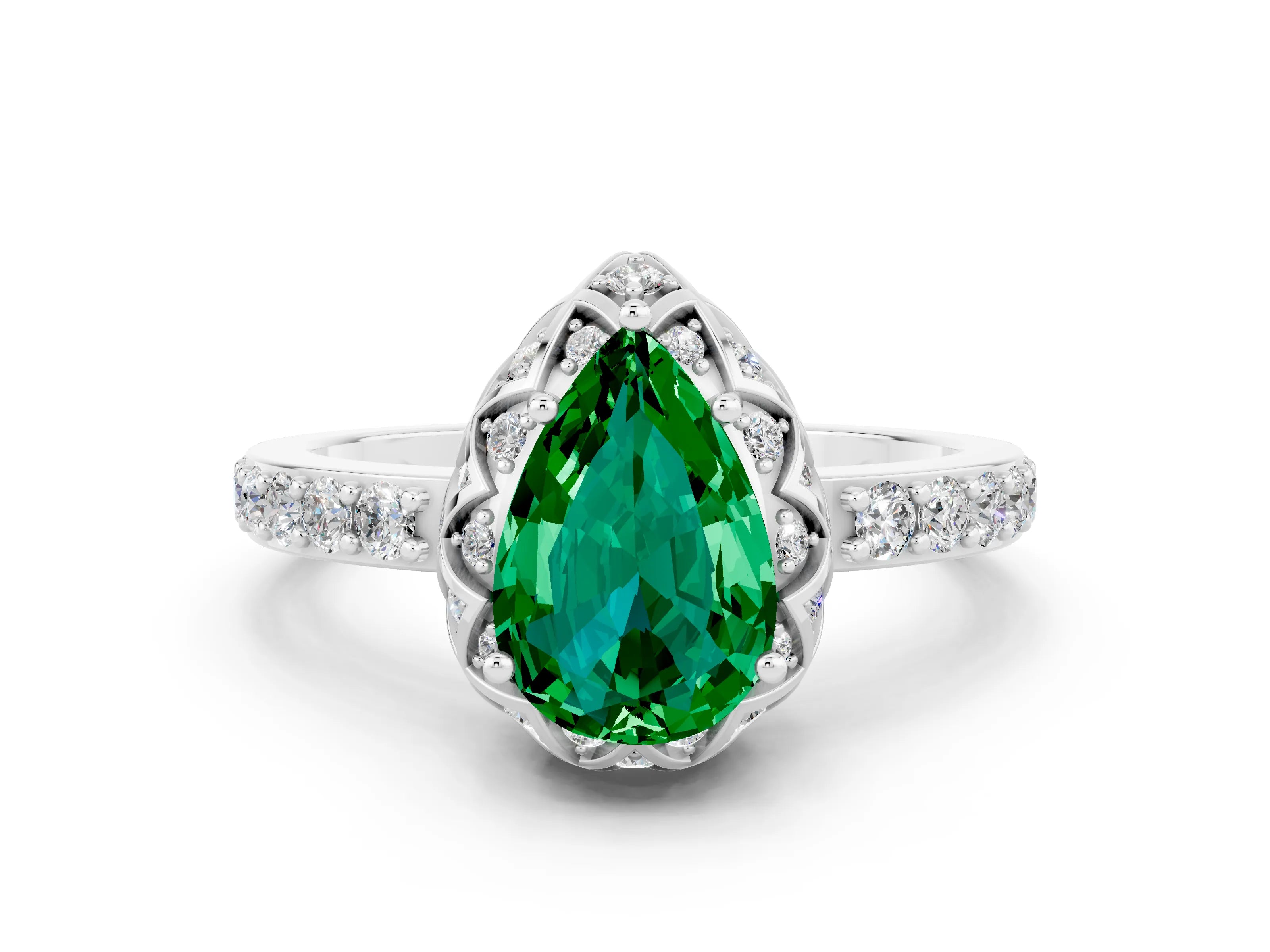 White gold Pear Cut Diamond Solitaire Ring with Shared Prong Pavé Band