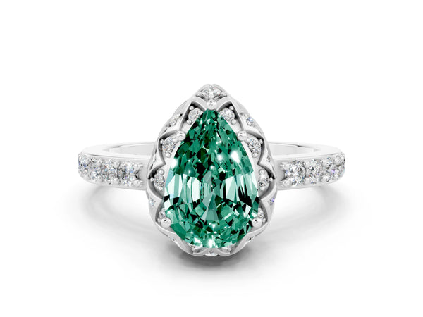 White gold Pear Cut Green Sapphire Scalloped Halo Engagement Ring with Round Shared Prong Band