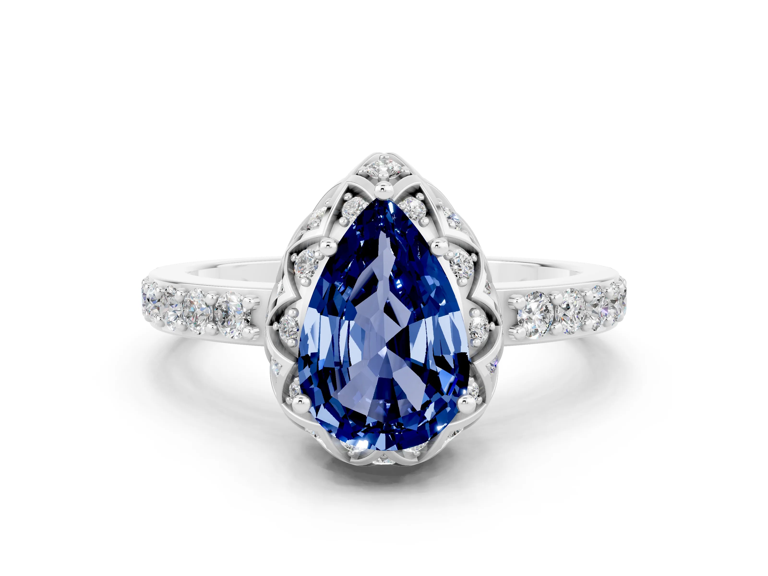 White gold Pear Cut Diamond Solitaire Ring with Shared Prong Pavé Band