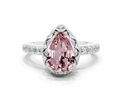 White gold Pear Cut Diamond Solitaire Ring with Shared Prong Pavé Band