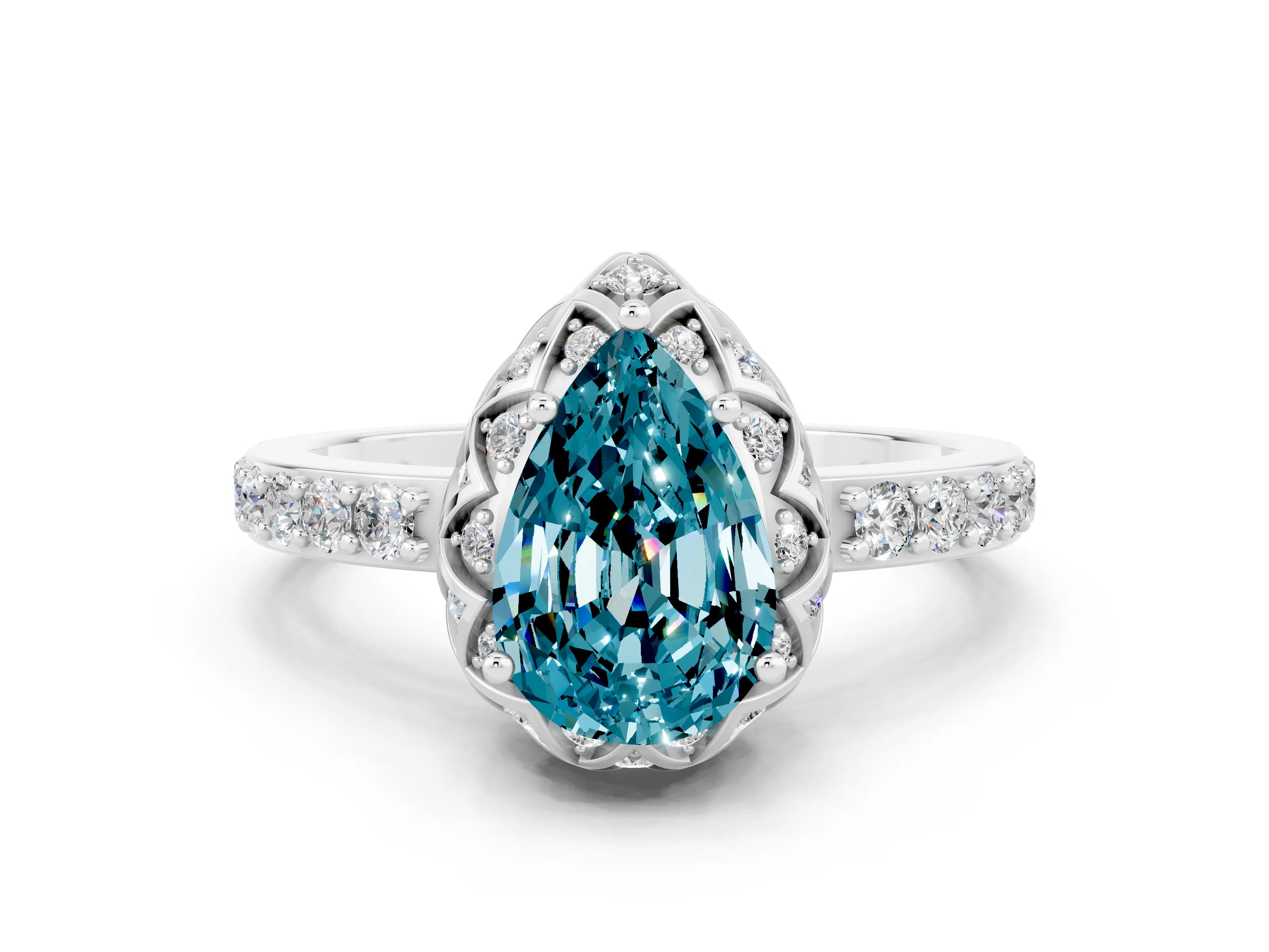 White gold Pear Cut Diamond Solitaire Ring with Shared Prong Pavé Band