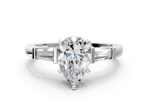 White gold Pear Cut Diamond Solitaire Ring with Tapered Baguette Accents and Six-Prong Setting_72