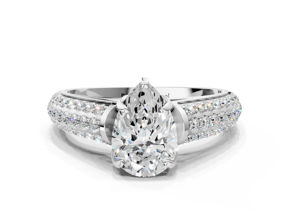 White gold Pear Cut Diamond Solitaire Ring with Three-Row Pavé Band and Four-Prong Setting_45