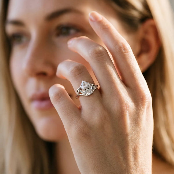 White Gold Pear-Shaped Bypass Solitaire Engagement Ring Setting with Leaf Shoulders