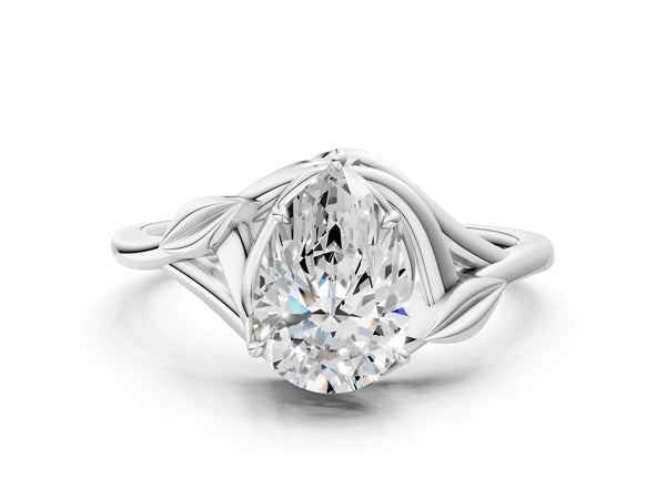 White Gold Pear-Shaped Bypass Solitaire Engagement Ring Setting with Leaf Shoulders