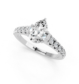 14K White Gold 3.08 Carat F VVS2 Pear Cut Diamond Solitaire with Pave Band and Four-Prong Setting