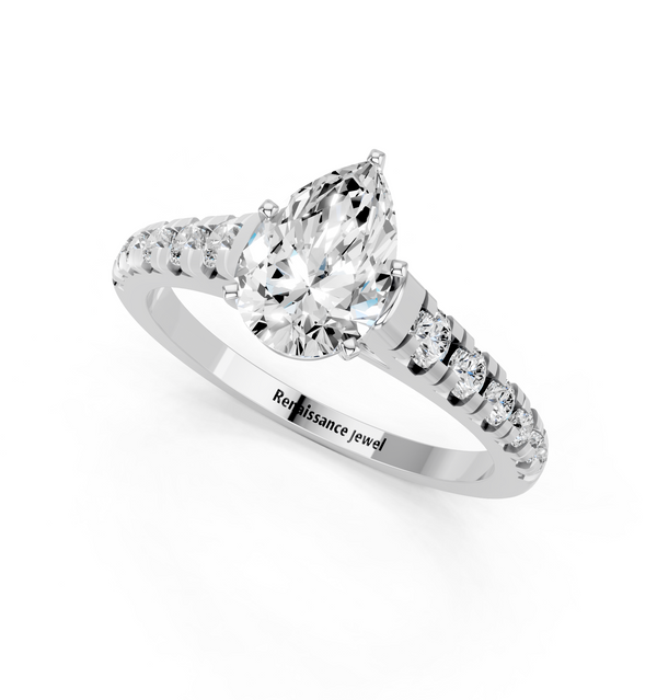 14K White Gold 3.08 Carat F VVS2 Pear Cut Diamond Solitaire with Pave Band and Four-Prong Setting