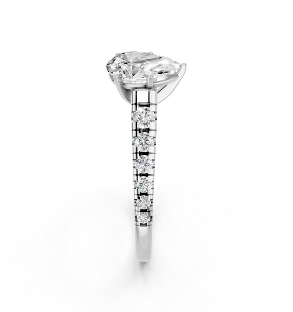 14K White Gold 3.08 Carat F VVS2 Pear Cut Diamond Solitaire with Pave Band and Four-Prong Setting