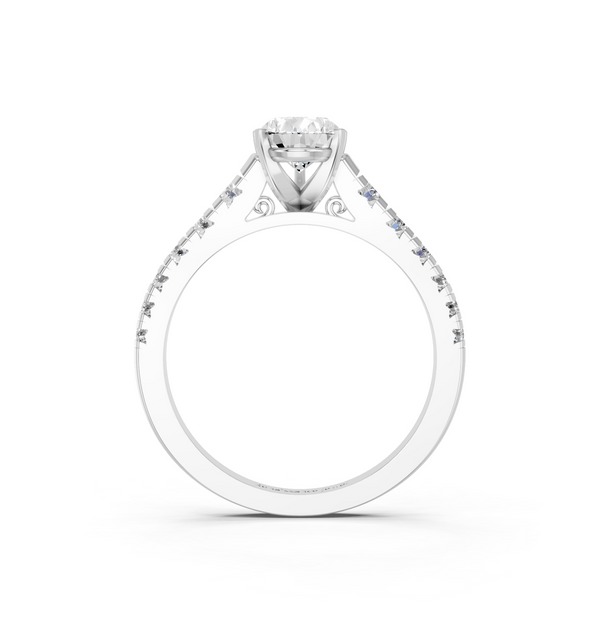 14K White Gold 3.08 Carat F VVS2 Pear Cut Diamond Solitaire with Pave Band and Four-Prong Setting