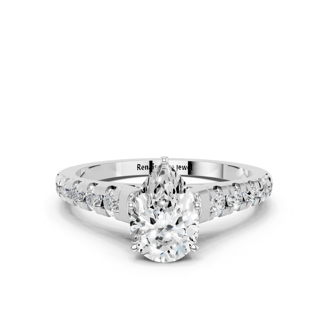 14K White Gold 3.08 Carat F VVS2 Pear Cut Diamond Solitaire with Pave Band and Four-Prong Setting