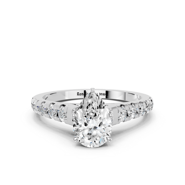 14K White Gold 3.08 Carat F VVS2 Pear Cut Diamond Solitaire with Pave Band and Four-Prong Setting