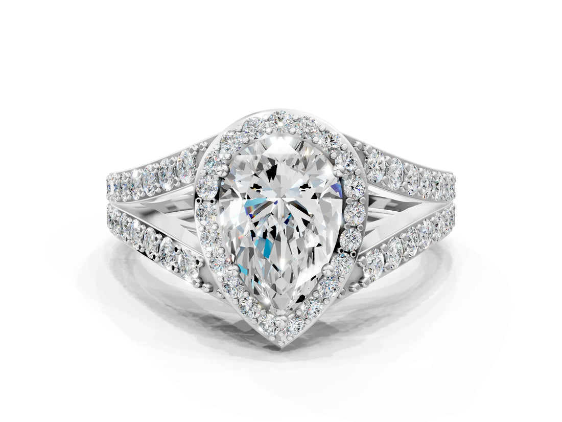 14K White Gold 1.70 Carat E VS1 Pear Diamond Split Shank Halo Ring with Four-Prong Setting