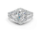 14K White Gold 1.70 Carat E VS1 Pear Diamond Split Shank Halo Ring with Four-Prong Setting