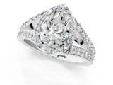 14K White Gold 1.70 Carat E VS1 Pear Diamond Split Shank Halo Ring with Four-Prong Setting