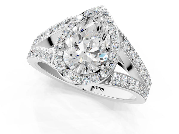 14K White Gold 1.70 Carat E VS1 Pear Diamond Split Shank Halo Ring with Four-Prong Setting