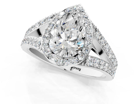 14K White Gold 1.70 Carat E VS1 Pear Diamond Split Shank Halo Ring with Four-Prong Setting