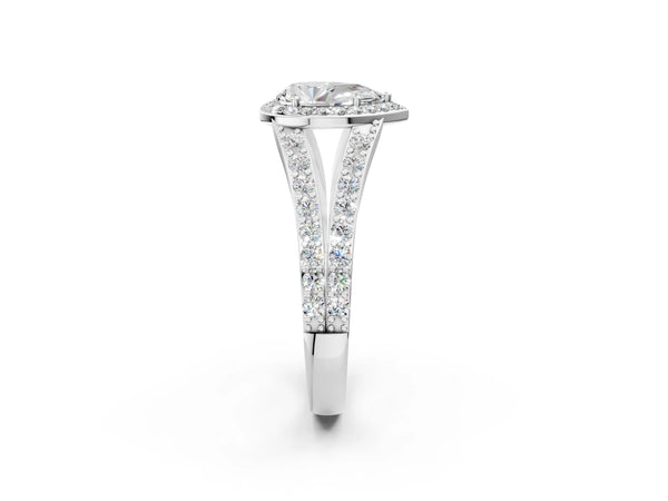 14K White Gold 1.70 Carat E VS1 Pear Diamond Split Shank Halo Ring with Four-Prong Setting
