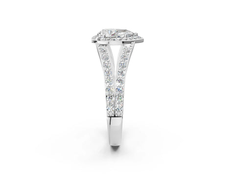 14K White Gold 1.70 Carat E VS1 Pear Diamond Split Shank Halo Ring with Four-Prong Setting