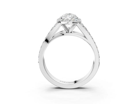 14K White Gold 1.70 Carat E VS1 Pear Diamond Split Shank Halo Ring with Four-Prong Setting